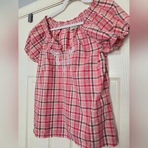 Bit & Bridle Womens Pink Brown Gingham Embroidered Puff Sleeve Top Size Large